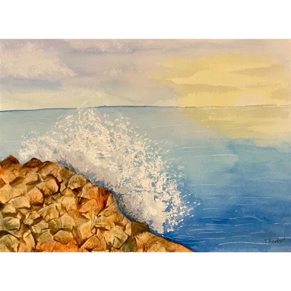 Hand painted watercolor original painting rocky shoreline wave